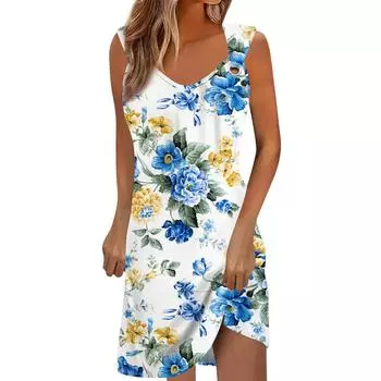 Женское повседневное платье Летнее платье Платье-комбинация Платье с рюшами на каждый день Мода на выход Мода Базовый ремень без рукавов Свободный крой L синий