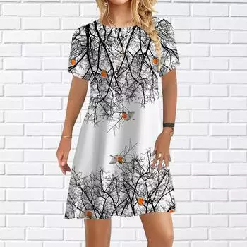 Женское повседневное платье, летнее платье с принтом вилки и птицы, женское платье с круглым вырезом и коротким рукавом, большие размеры XS фиолетовый