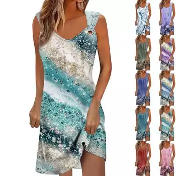 Женское повседневное платье Летнее платье Платье-комбинация Платье с рюшами на каждый день Мода на выход Мода Базовый ремень без рукавов Свободный крой L синий