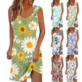 Женское повседневное платье Летнее платье Платье-комбинация Платье с рюшами на каждый день Мода на выход Мода Базовый ремень без рукавов Свободный крой L синий