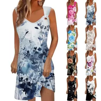 Женское повседневное платье Летнее платье Платье-комбинация Платье с рюшами на каждый день Мода на выход Мода Базовый ремень без рукавов Свободный крой M