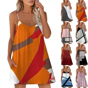 Женское повседневное платье Летнее платье Платье-комбинация Платье с рюшами на каждый день Мода на выход Мода Базовый ремень без рукавов Свободный крой L синий