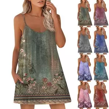 Женское повседневное платье Летнее платье Платье-комбинация Платье с рюшами на каждый день Мода на выход Мода Базовый ремень без рукавов Свободный крой L синий