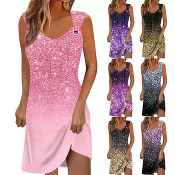 Женское повседневное платье Летнее платье Платье-комбинация Платье с рюшами на каждый день Мода на выход Мода Базовый ремень без рукавов Свободный крой L синий