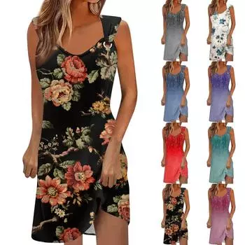 Женское повседневное платье Летнее платье Платье-комбинация Платье с рюшами на каждый день Мода на выход Мода Базовый ремень без рукавов Свободный крой L синий