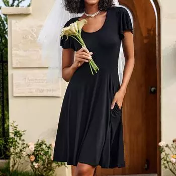Женское повседневное платье. Летнее платье с рюшами и круглым вырезом. L чёрный