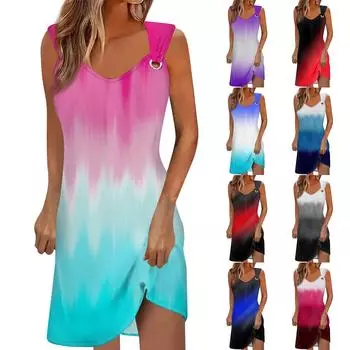 Женское повседневное платье Летнее платье Платье-комбинация Платье с рюшами на каждый день Мода на выход Мода Базовый ремень без рукавов Свободный крой L синий