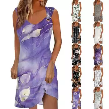 Женское повседневное платье Летнее платье Платье-комбинация Платье с рюшами на каждый день Мода на выход Мода Базовый ремень без рукавов Свободный крой XXXL