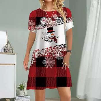 Женское повседневное платье, летнее платье со снежинками и сетчатым принтом, для женщин, платье с коротким рукавом и круглым вырезом, размер плюс XS красный