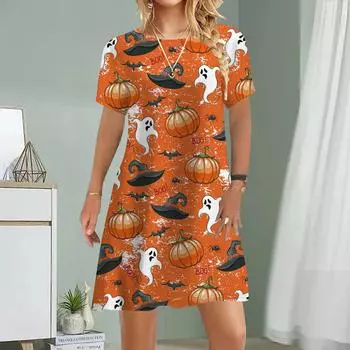 Женское повседневное платье, летнее платье с принтом тыквы для женщин, платье с коротким рукавом и круглым вырезом, размер плюс XS белый