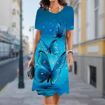 Женское повседневное платье, летнее платье с принтом звезд и бабочек, женское платье с круглым вырезом и коротким рукавом, размер плюс XS красный
