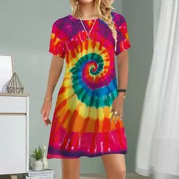 Женское повседневное платье, летнее платье с принтом тай-дай для женщин, платье с коротким рукавом и круглым вырезом, размер плюс XS красный