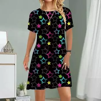 Женское повседневное платье, летнее платье с принтом пятиконечной звезды, женское платье с круглым вырезом и коротким рукавом, размер плюс XS фиолетовый