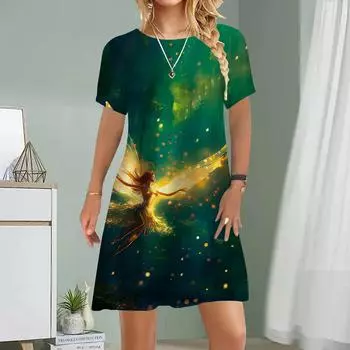 Женское повседневное платье, летнее платье с цветочным принтом и принтом феи для женщин, платье с коротким рукавом и круглым вырезом, размер плюс XS жёлтый