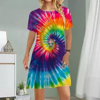 Женское повседневное платье, летнее платье с принтом тай-дай для женщин, платье с коротким рукавом и круглым вырезом, размер плюс XS красный