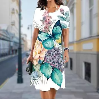 Женское повседневное платье, летнее зеленое платье с принтом бабочек для женщин, платье с коротким рукавом и круглым вырезом, размер плюс XS розовый