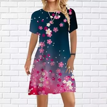 Женское повседневное платье, летние блестящие розовые платья с цветочным принтом для женщин, платье с коротким рукавом и круглым вырезом, большие размеры XS розовый