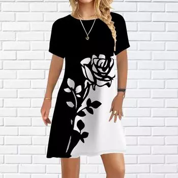 Женское повседневное платье, летние черные платья с принтом розы для женщин, платье с коротким рукавом и круглым вырезом, большие размеры XS чёрный