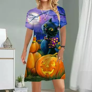 Женское повседневное платье Летние черные платья с принтом кошек для женщин с круглым вырезом и коротким рукавом Платье больших размеров XS синий