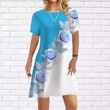 Женское повседневное платье, летние фиолетовые платья с принтом роз для женщин, платье с коротким рукавом и круглым вырезом, большие размеры XS фиолетовый