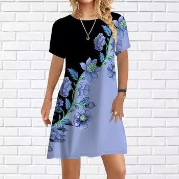 Женское повседневное платье, летние фиолетовые платья с принтом роз для женщин, платье с коротким рукавом и круглым вырезом, большие размеры XL фиолетовый