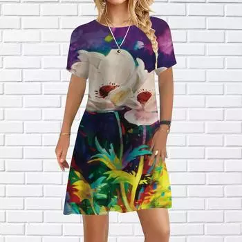Женское повседневное платье, летние фиолетовые платья с граффити и цветами для женщин, платье с коротким рукавом и круглым вырезом, большие размеры XS фиолетовый