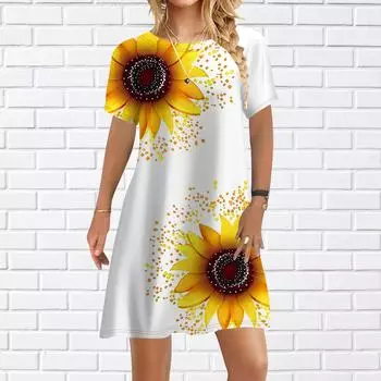 Женское повседневное платье, летние красивые платья с принтом подсолнухов для женщин, платье с коротким рукавом и круглым вырезом, большие размеры XS белый