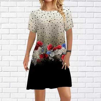 Женское повседневное платье, летние красные платья с принтом роз в горошек для женщин, платье с коротким рукавом и круглым вырезом, большие размеры XS красный