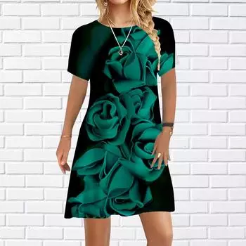 Женское повседневное платье, летние платья с цепочкой и принтом розы для женщин, платье с коротким рукавом и круглым вырезом, большие размеры XS красный