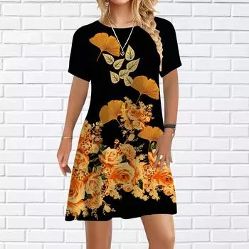 Женское повседневное платье, летние платья с принтом листьев розы для женщин, платье с коротким рукавом и круглым вырезом, большие размеры XS чёрный