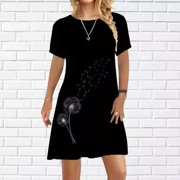 Женское повседневное платье, летние платья с принтом одуванчика для женщин, платье с коротким рукавом и круглым вырезом, большие размеры XS чёрный