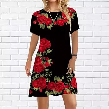 Женское повседневное платье Летние платья с принтом оранжевых роз для женщин Платье с коротким рукавом и круглым вырезом размера плюс XS красный