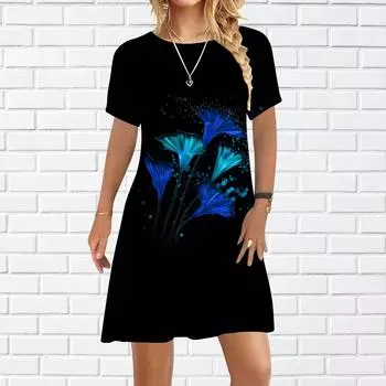 Женское повседневное платье, летние платья с кристаллами и цветочным принтом для женщин, платье с коротким рукавом и круглым вырезом, большие размеры XS синий