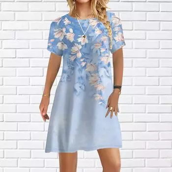 Женское повседневное платье, летние платья с белыми цветами и принтом для женщин, платье с коротким рукавом и круглым вырезом, большие размеры XS фиолетовый