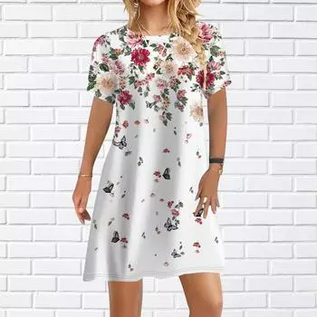 Женское повседневное платье, летние платья с цветочным принтом и бабочкой для женщин, платье с коротким рукавом и круглым вырезом, большие размеры XS синий