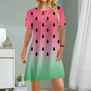 Женское повседневное платье Летние платья с принтом арбуза для женщин с круглым вырезом и коротким рукавом Платье больших размеров XS красный