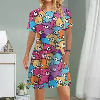 Женское повседневное платье Летние платья с принтом панды для женщин с круглым вырезом и коротким рукавом Платье больших размеров XS розовый