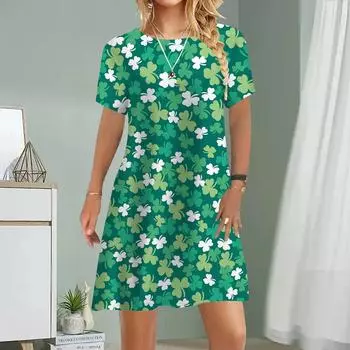 Женское повседневное платье Летние платья с принтом клевера для женщин с круглым вырезом и коротким рукавом Платье больших размеров XS белый