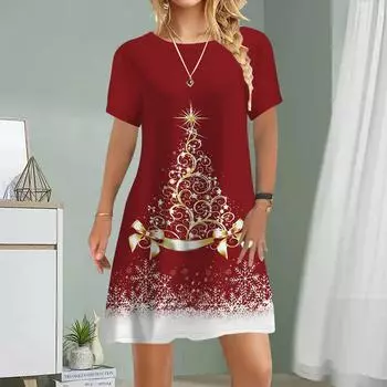 Женское повседневное платье Летние платья с принтом золотой рождественской елки для женщин с круглым вырезом и коротким рукавом Платье больших размеров XS красный