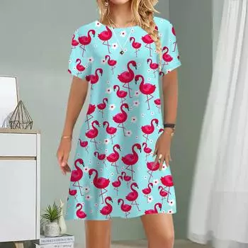 Женское повседневное платье Летние платья с принтом птиц для женщин Платье с коротким рукавом и круглым вырезом Плюс Размер XS белый