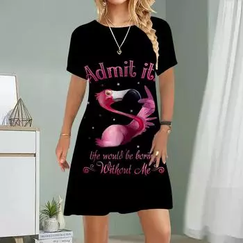 Женское повседневное платье Летние платья с принтом фламинго для женщин с круглым вырезом и коротким рукавом Платье больших размеров XS розовый