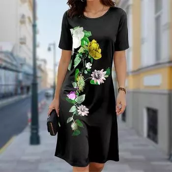Женское повседневное платье Летние платья с принтом цветов сбоку для женщин Платье с коротким рукавом и круглым вырезом Плюс Размер XS красный