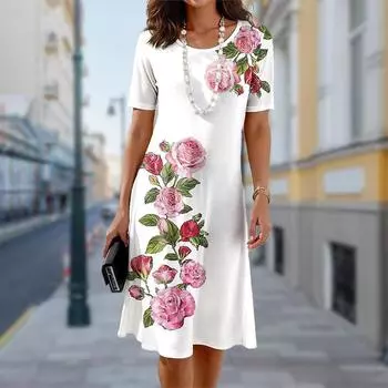 Женское повседневное платье Летние платья с принтом роз для женщин с круглым вырезом и коротким рукавом Платье больших размеров XS красный