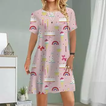 Женское повседневное платье Летние платья с радужным принтом для женщин с круглым вырезом и коротким рукавом Платье больших размеров XS розовый
