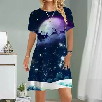 Женское повседневное платье Летние платья с принтом Санта-Клауса для женщин с круглым вырезом и коротким рукавом Платье больших размеров XS синий