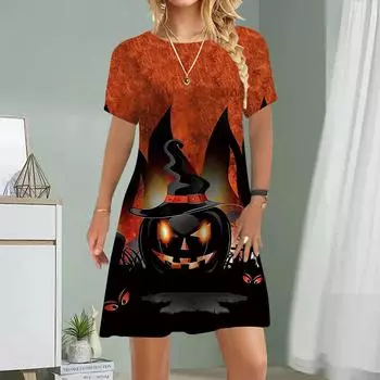 Женское повседневное платье Летние платья с принтом демона-тыквы для женщин с круглым вырезом и коротким рукавом Платье размера плюс XS чёрный
