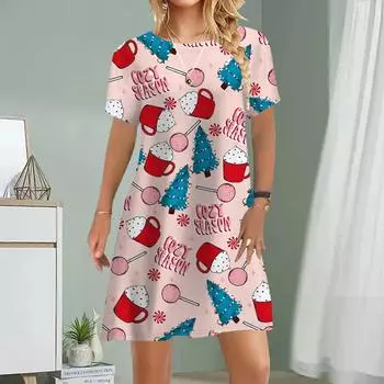 Женское повседневное платье Летние платья с принтом из стекла для женщин Платье с круглым вырезом и коротким рукавом Плюс Размер XS розовый