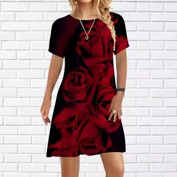 Женское повседневное платье, летние платья с цепочкой и принтом розы для женщин, платье с коротким рукавом и круглым вырезом, большие размеры XS синий