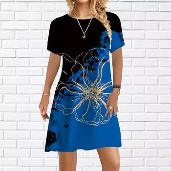 Женское повседневное платье, летние полые платья с цветочным принтом для женщин, платье с коротким рукавом и круглым вырезом, большие размеры XS синий