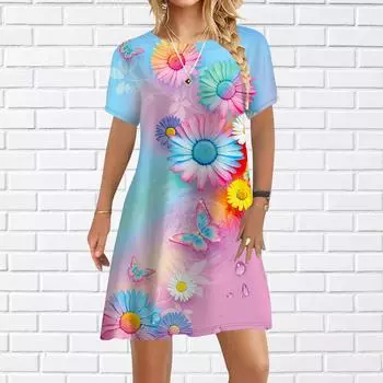 Женское повседневное платье, летние разноцветные платья с цветочным принтом для женщин, платье с коротким рукавом и круглым вырезом, большие размеры XS синий